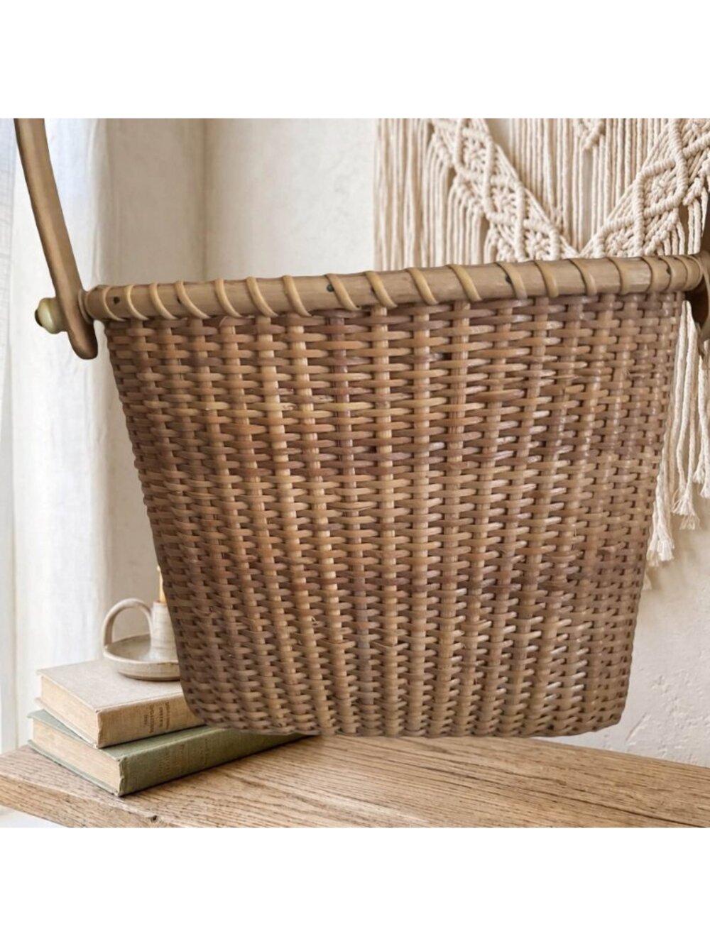 Nantucket Style Wall Basket Tight Weave Wood Handle and Bottom French Country Co - Picture 9 of 13